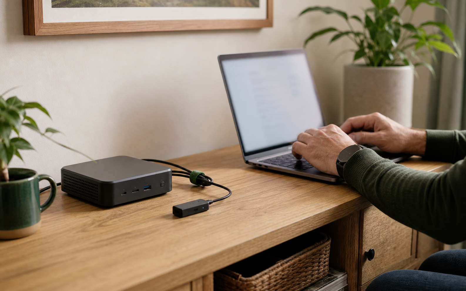 Homeowner updating a local mini PC beside a cabled USB smart-home radio