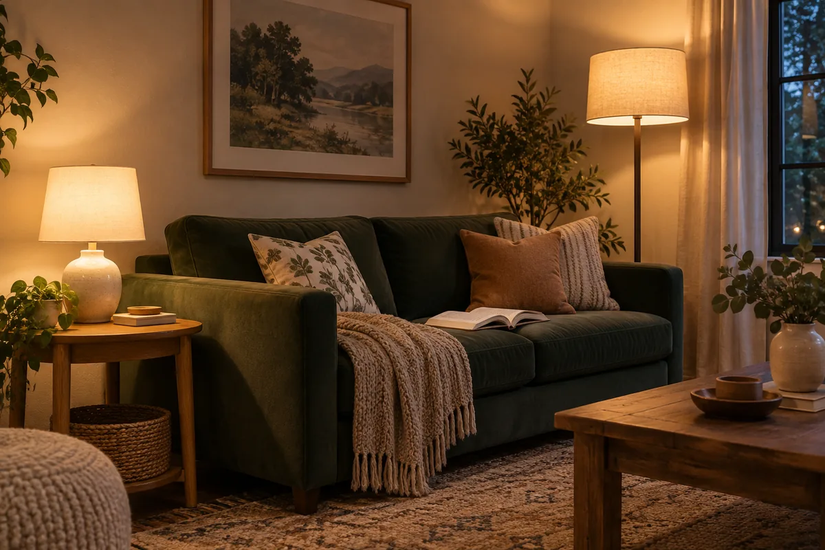 Two lamps illuminate a reading corner with an oak table, an open book and a dark-green sofa