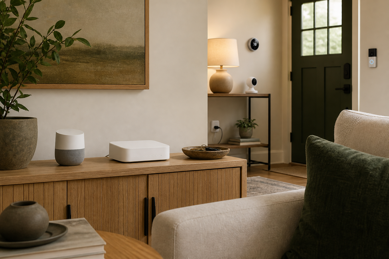 Warm living room with a Wi-Fi router, smart speaker, indoor camera, thermostat, smart plug, and doorbell