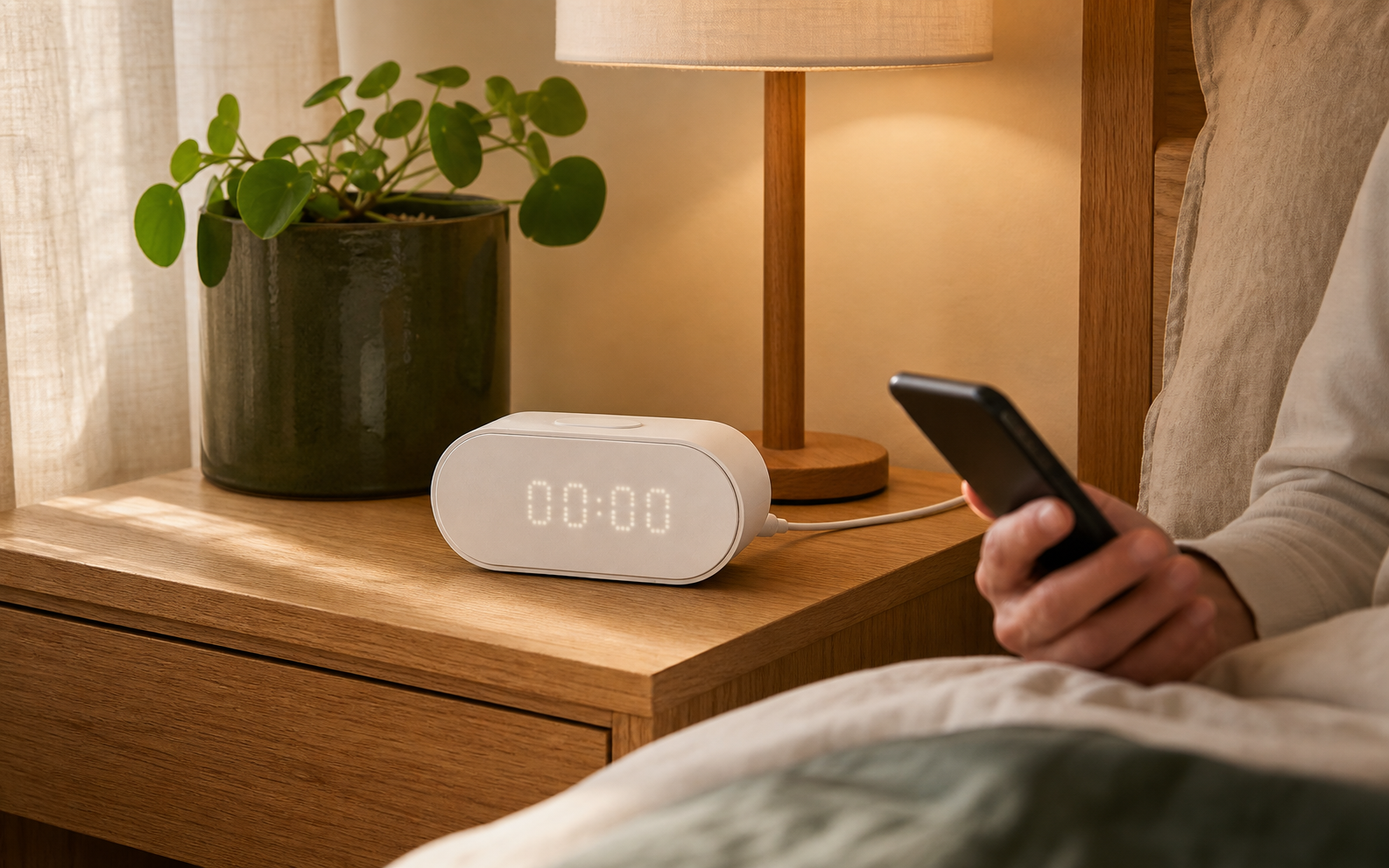 IKEA ALPSTUGA air-quality sensor showing 00:00 on a warm oak nightstand