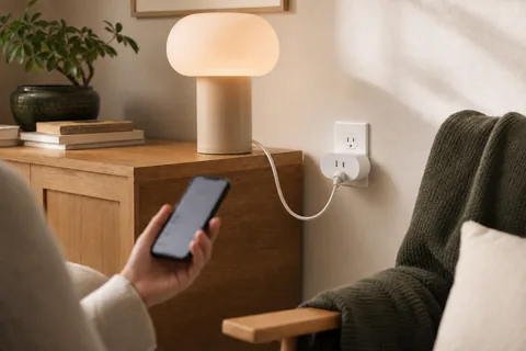 IKEA GRILLPLATS smart plug powering a lamp in a warm reading nook while a homeowner checks energy use