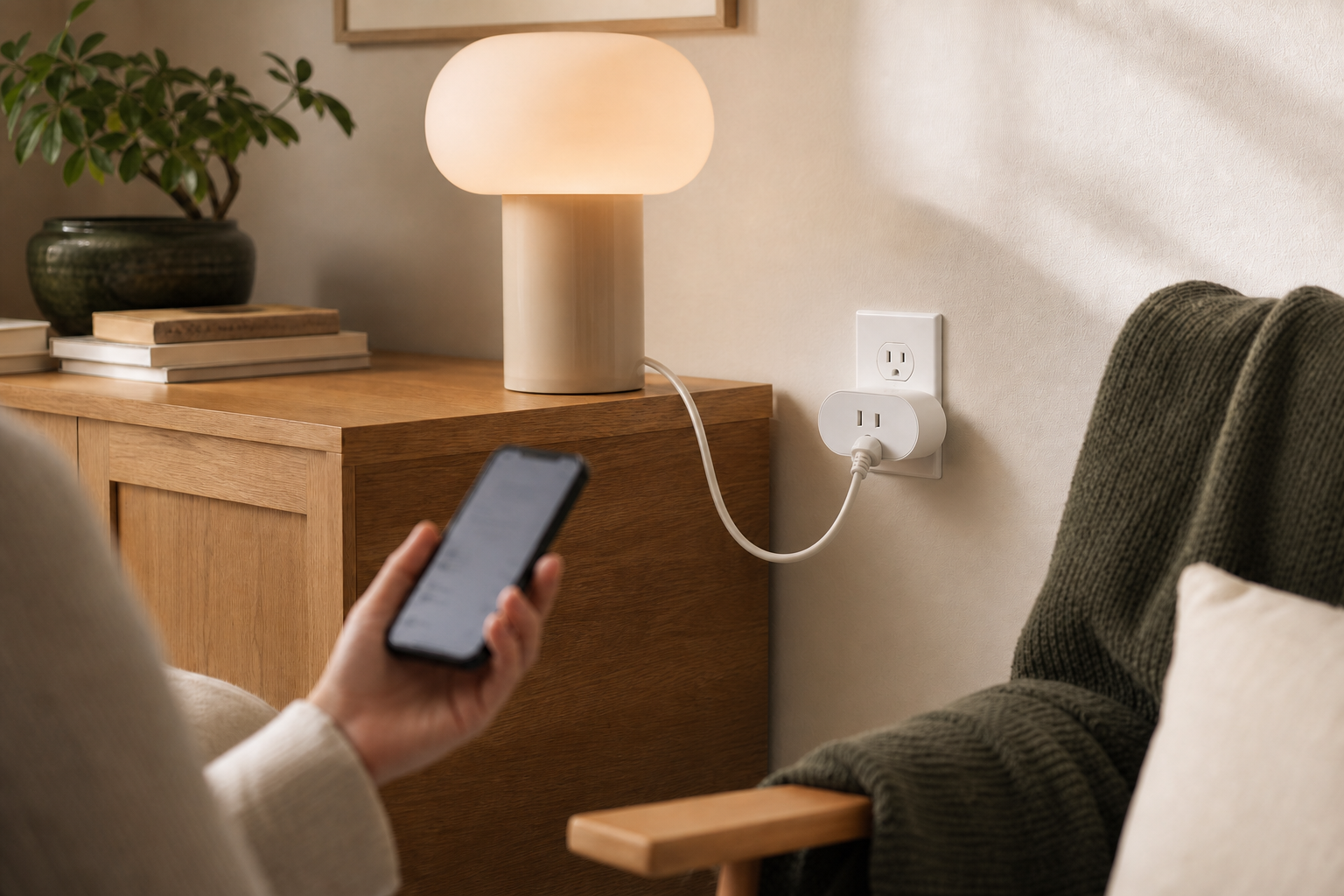 IKEA GRILLPLATS smart plug powering a lamp in a warm reading nook while a homeowner checks energy use
