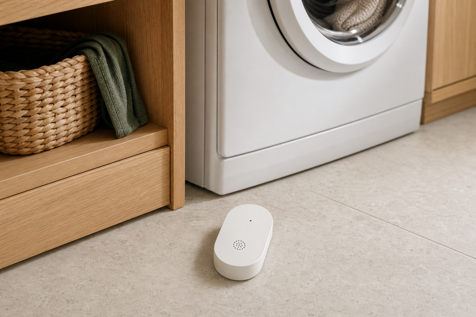 IKEA KLIPPBOK water leak sensor on a warm laundry-room floor beside a washing machine