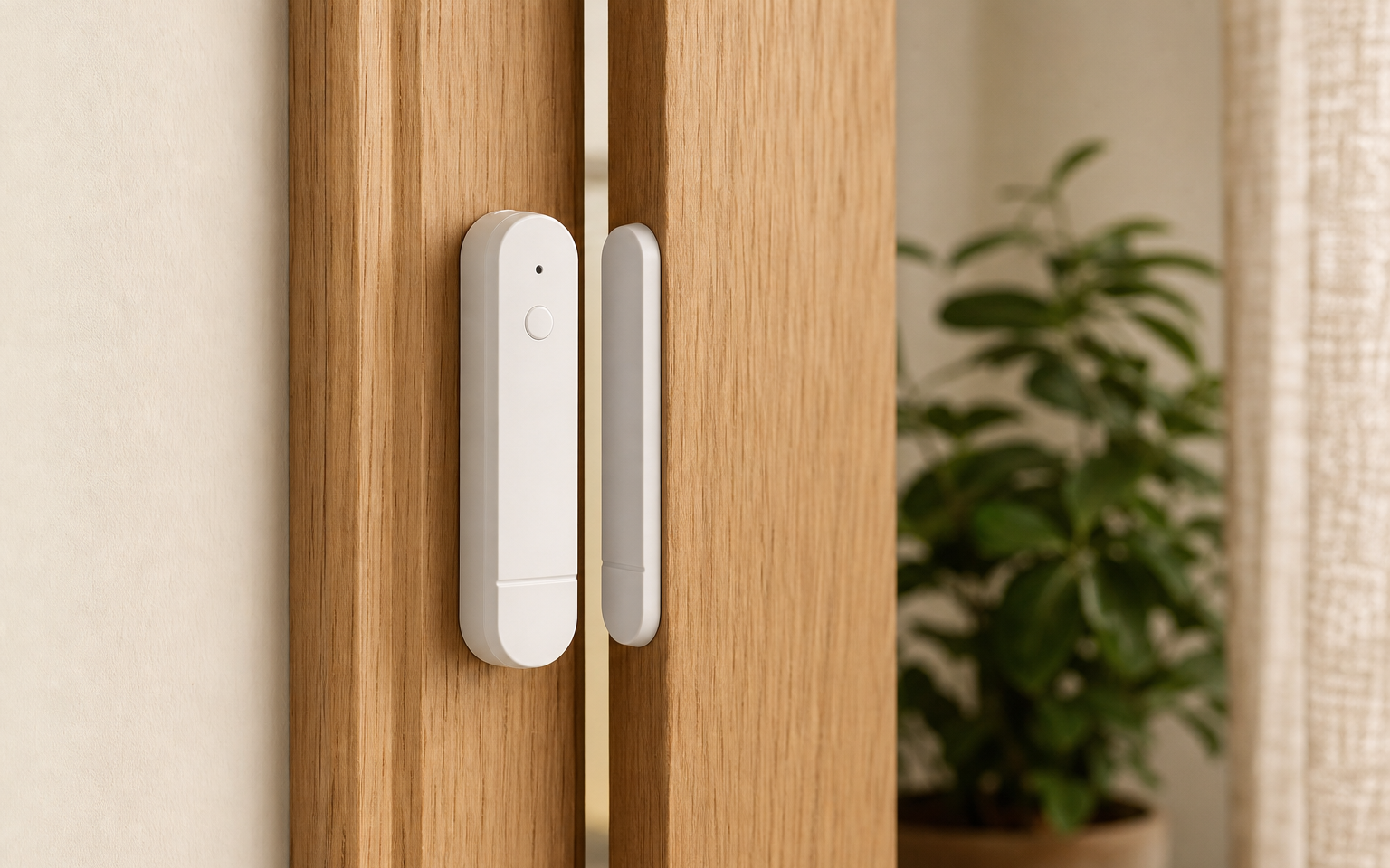 IKEA MYGGBETT door and window sensor mounted on a warm oak door in a calm home