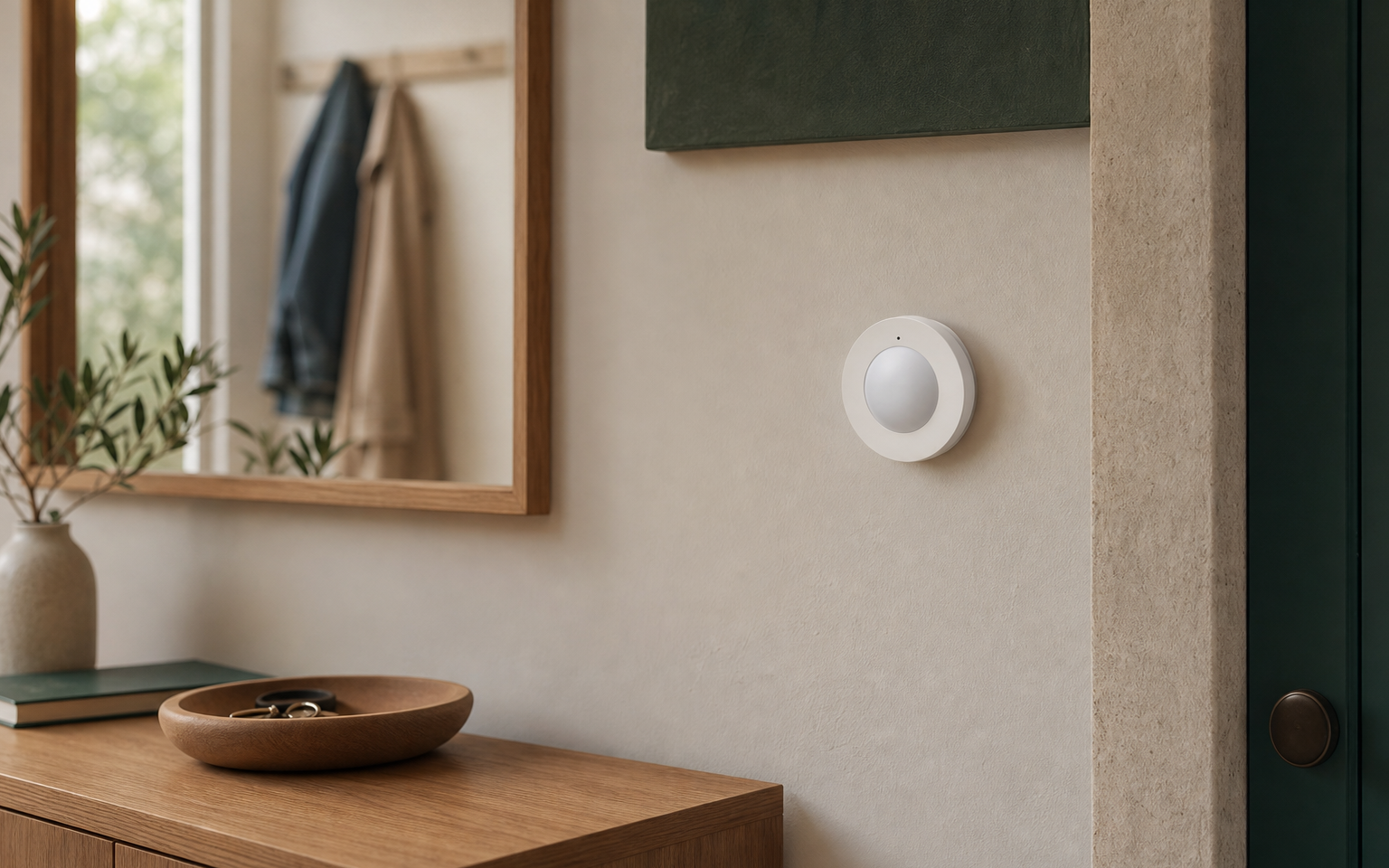IKEA MYGGSPRAY motion sensor on a warm entryway wall beside oak furniture