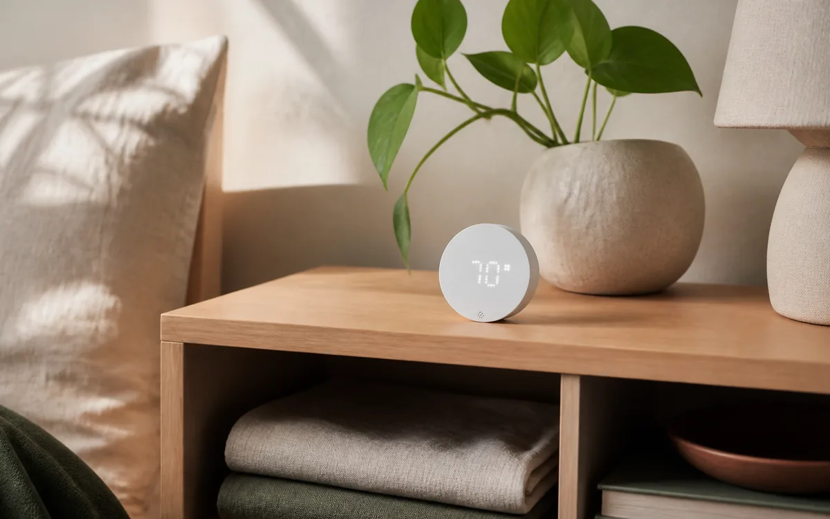 IKEA TIMMERFLOTTE temperature and humidity sensor on a warm oak shelf in a calm bedroom
