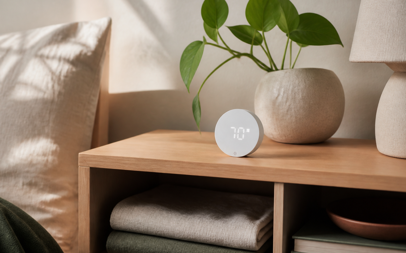IKEA TIMMERFLOTTE temperature and humidity sensor on a warm oak shelf in a calm bedroom