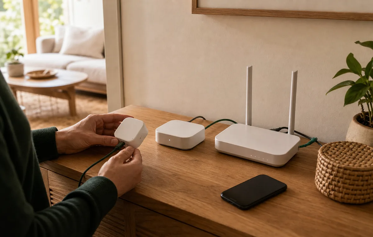 Homeowner checking a smart-home device beside a local hub and router on a warm oak console