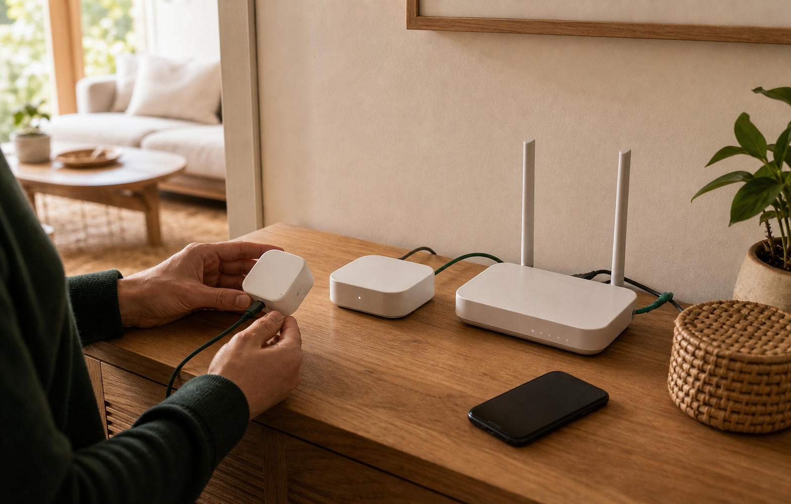 Homeowner checking a smart-home device beside a local hub and router on a warm oak console