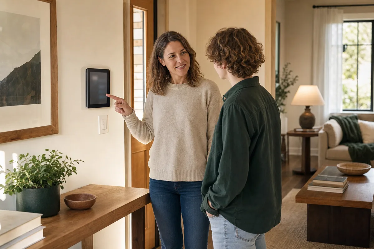 A homeowner showing a family member a dedicated wall-mounted smart-home control tablet