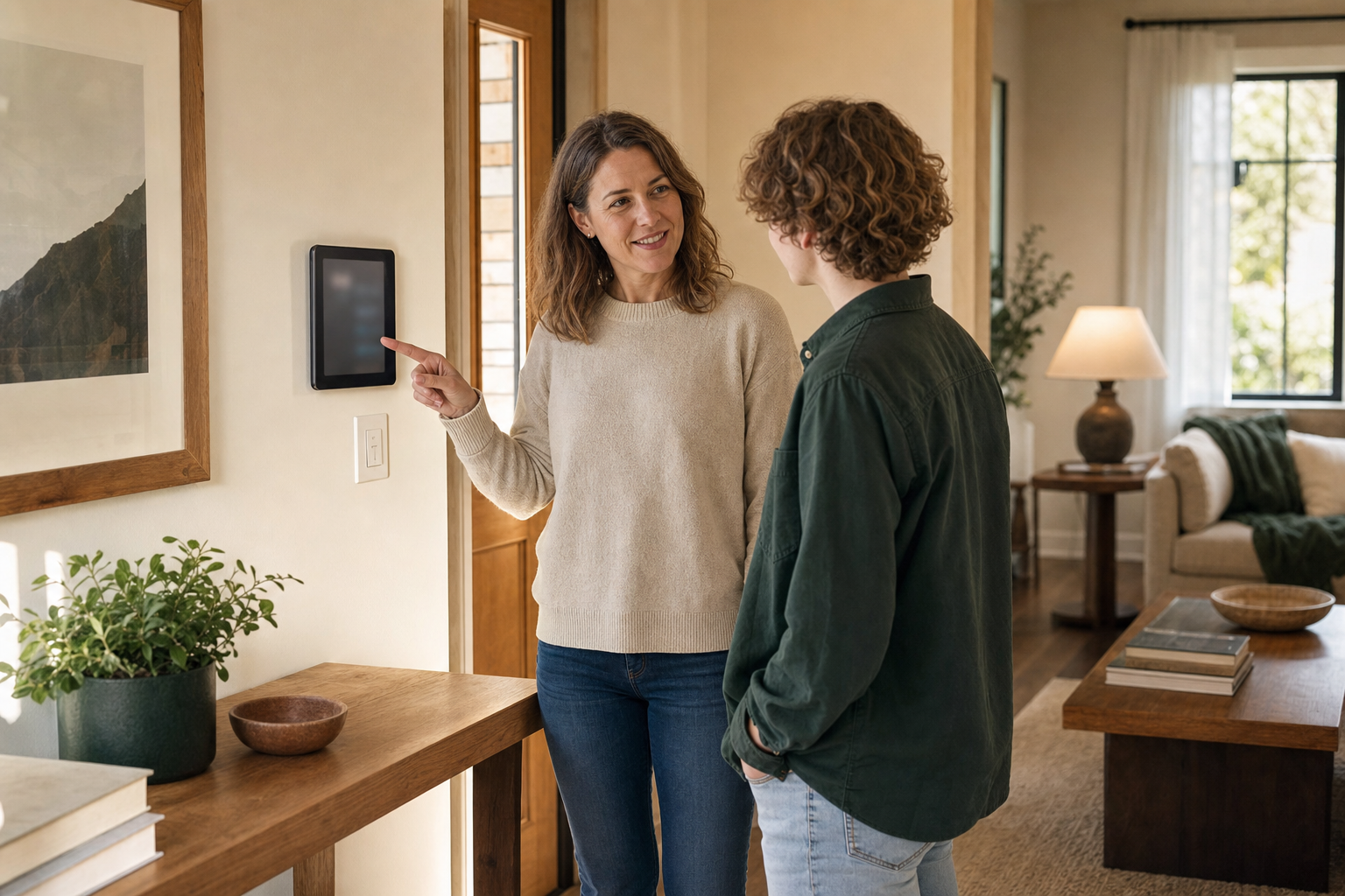 A homeowner showing a family member a dedicated wall-mounted smart-home control tablet