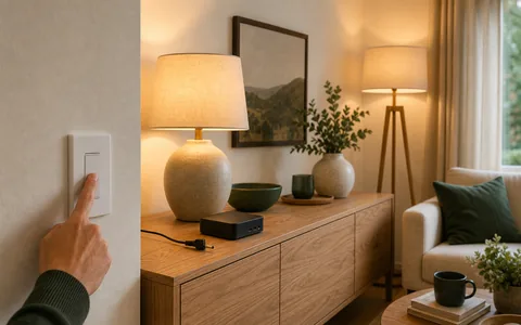 Homeowner pressing a wall switch while two lamps stay lit beside an unplugged home automation computer