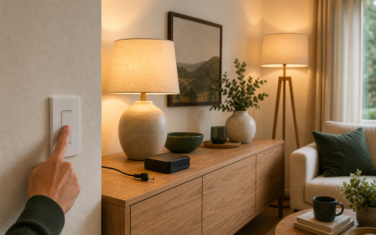 Homeowner pressing a wall switch while two lamps stay lit beside an unplugged home automation computer