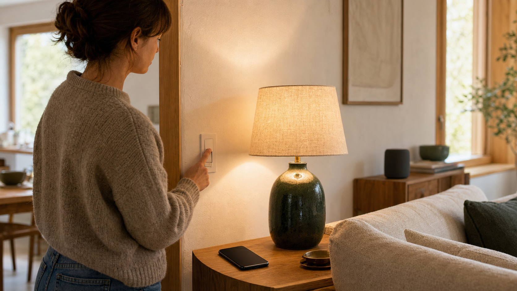 A homeowner using a wall switch beside a lit lamp, phone, and smart speaker in a warm living room