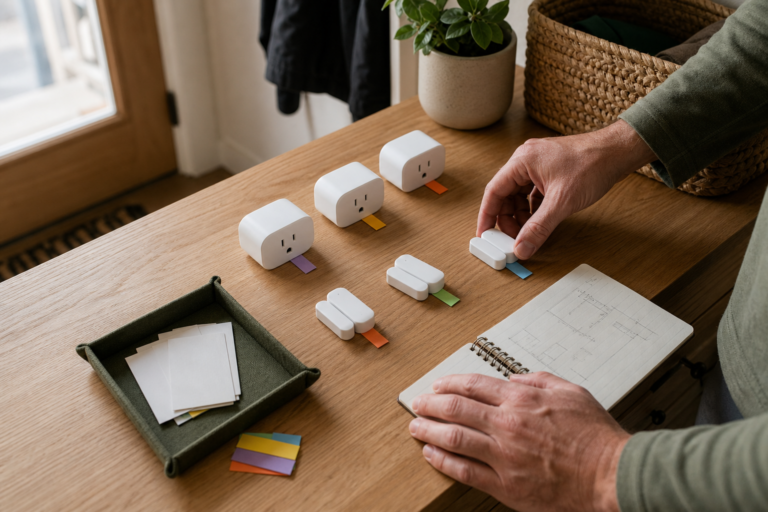 Homeowner applying color tags to matching white Matter plugs and contact sensors on an oak table