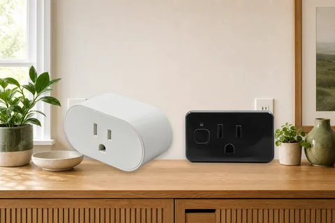 IKEA GRILLPLATS and Shelly Plug US Gen4 smart plugs on a warm oak console for a Matter Thread versus Wi-Fi guide