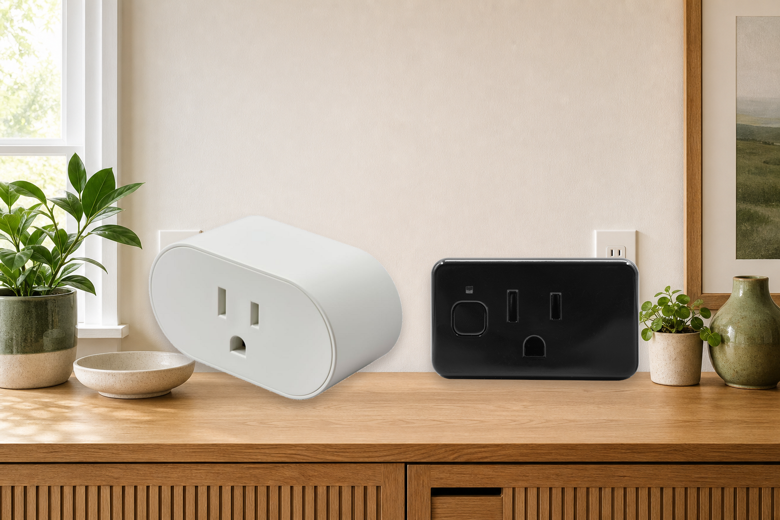 IKEA GRILLPLATS and Shelly Plug US Gen4 smart plugs on a warm oak console for a Matter Thread versus Wi-Fi guide
