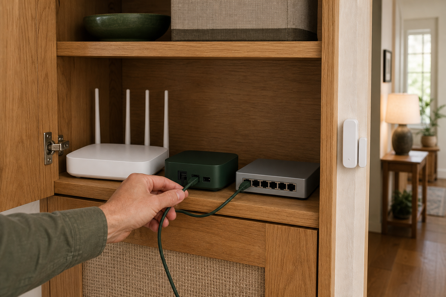 Homeowner connecting a local smart-home hub, Wi-Fi router, and Ethernet switch in a warm oak cabinet