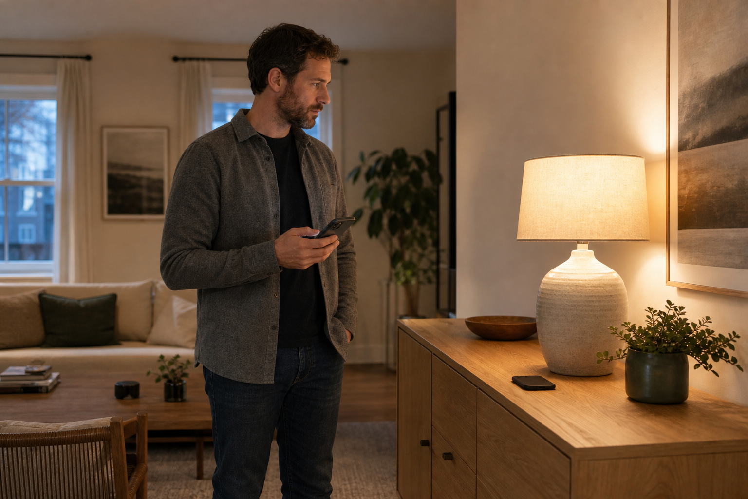 Homeowner checking a phone beside a working lamp while troubleshooting two smart-home platforms