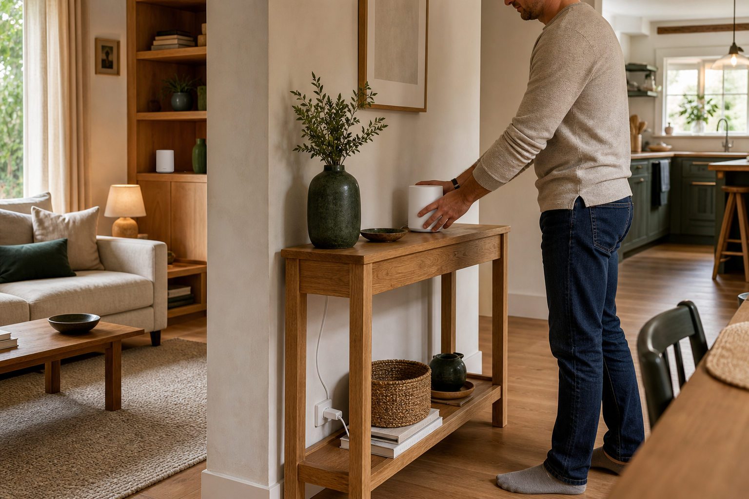 A homeowner placing one mesh Wi-Fi point in an open hallway while a second point sits in the adjoining living room