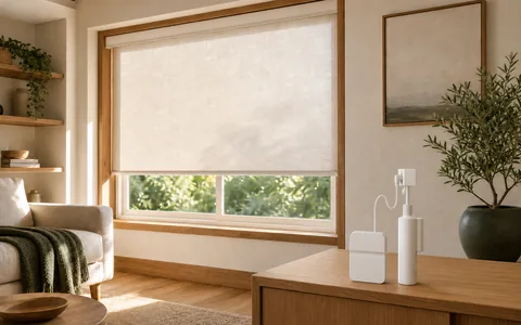 Warm room with a linen motorized roller shade and a SwitchBot Blind Tilt kit arranged on an oak console