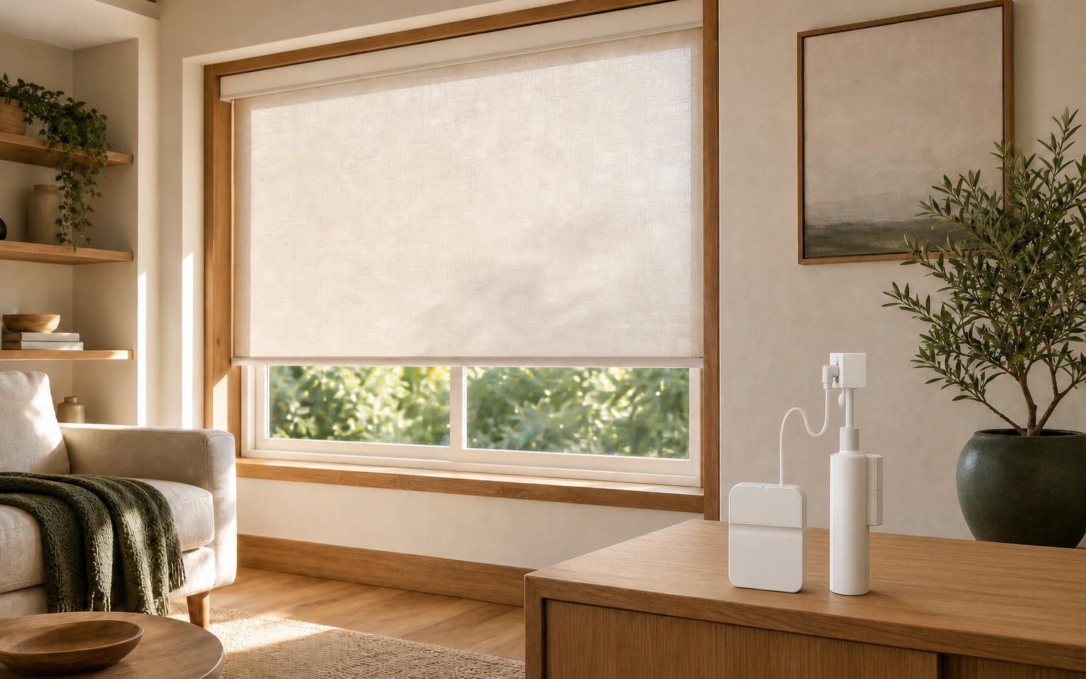 Warm room with a linen motorized roller shade and a SwitchBot Blind Tilt kit arranged on an oak console