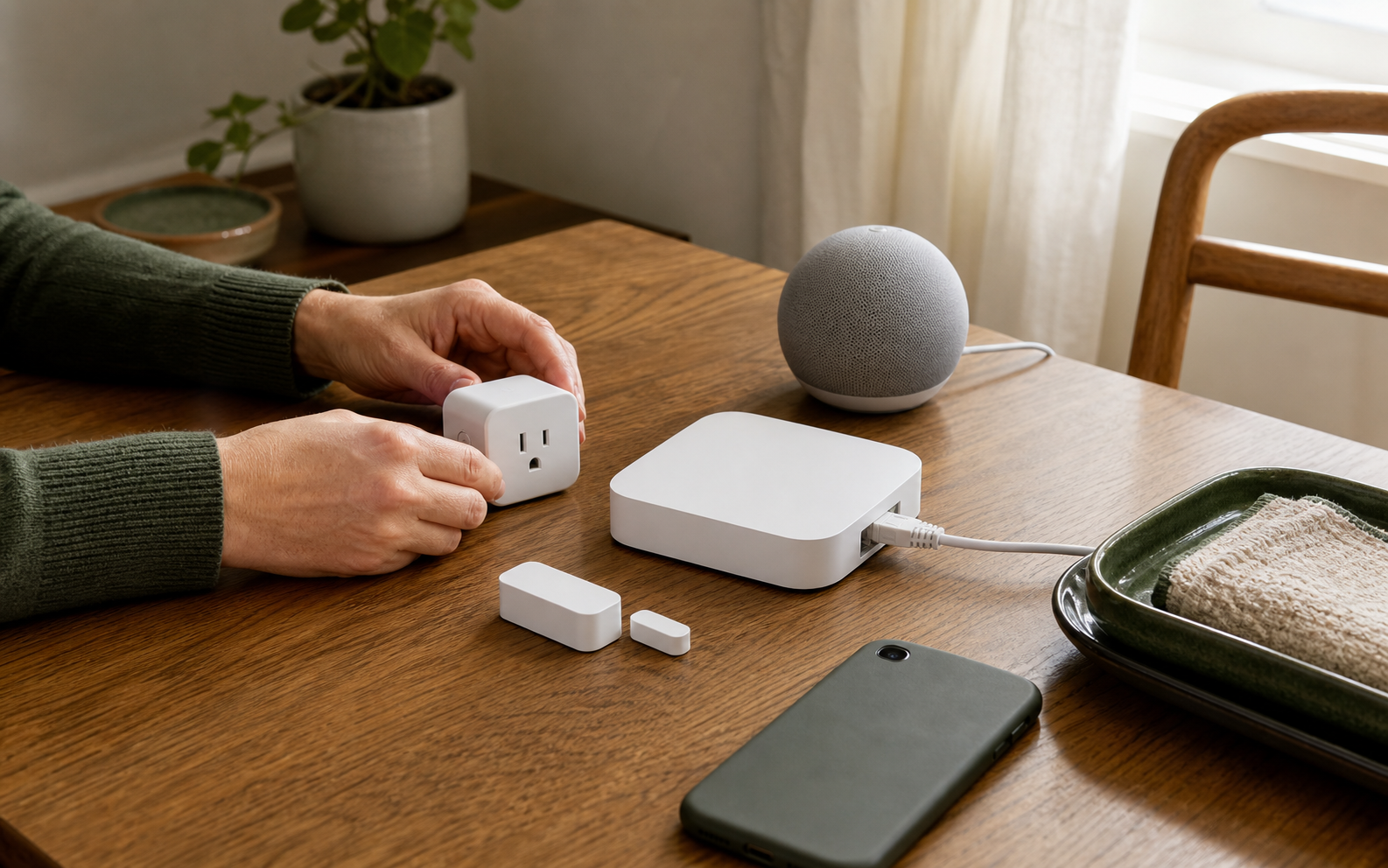 Homeowner arranging a Matter smart plug and contact sensor beside a local smart-home hub and smart speaker
