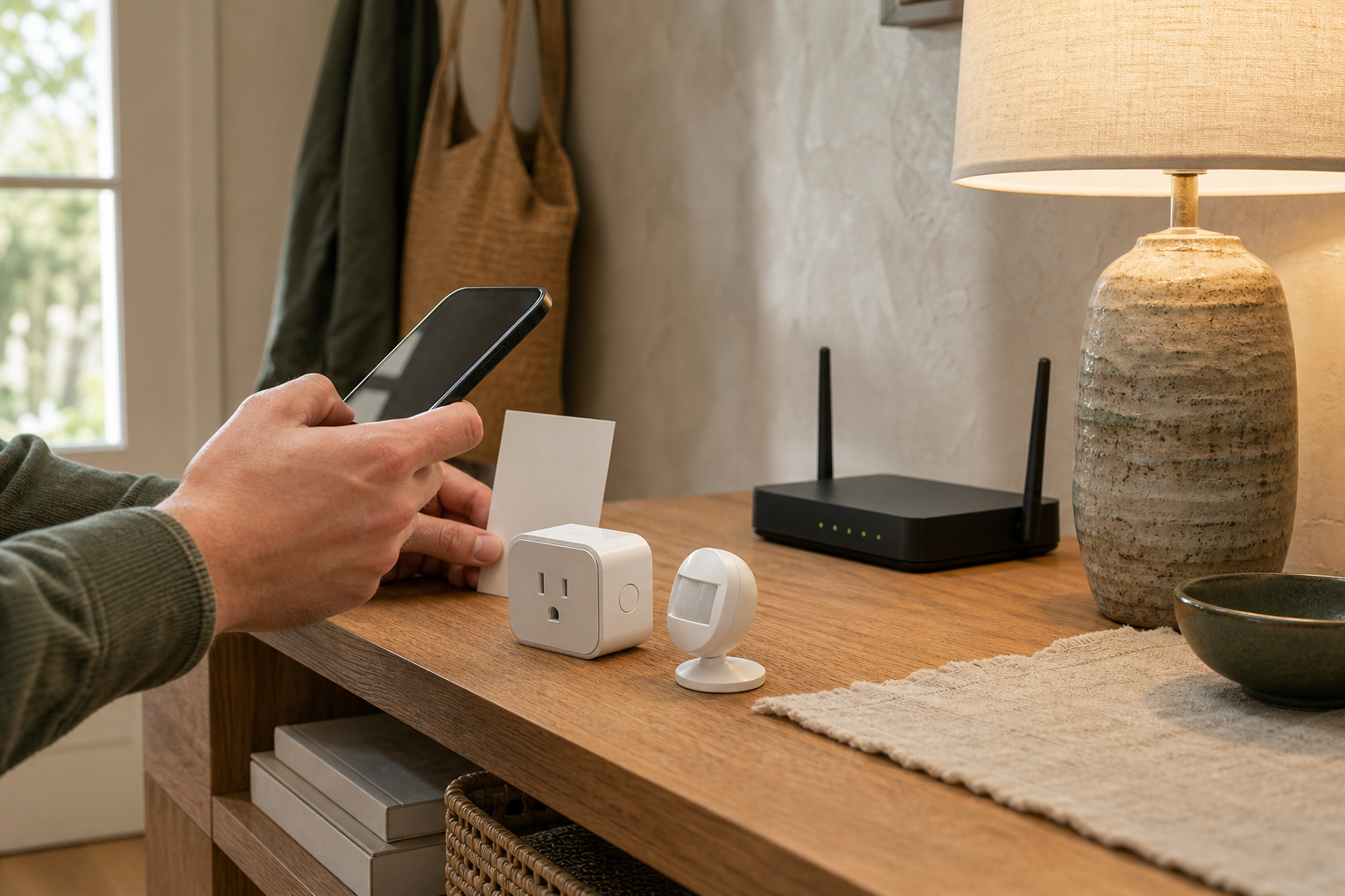 Phone scanning a blank setup card beside an unbranded smart plug, motion sensor, local hub, router, and warm lamp