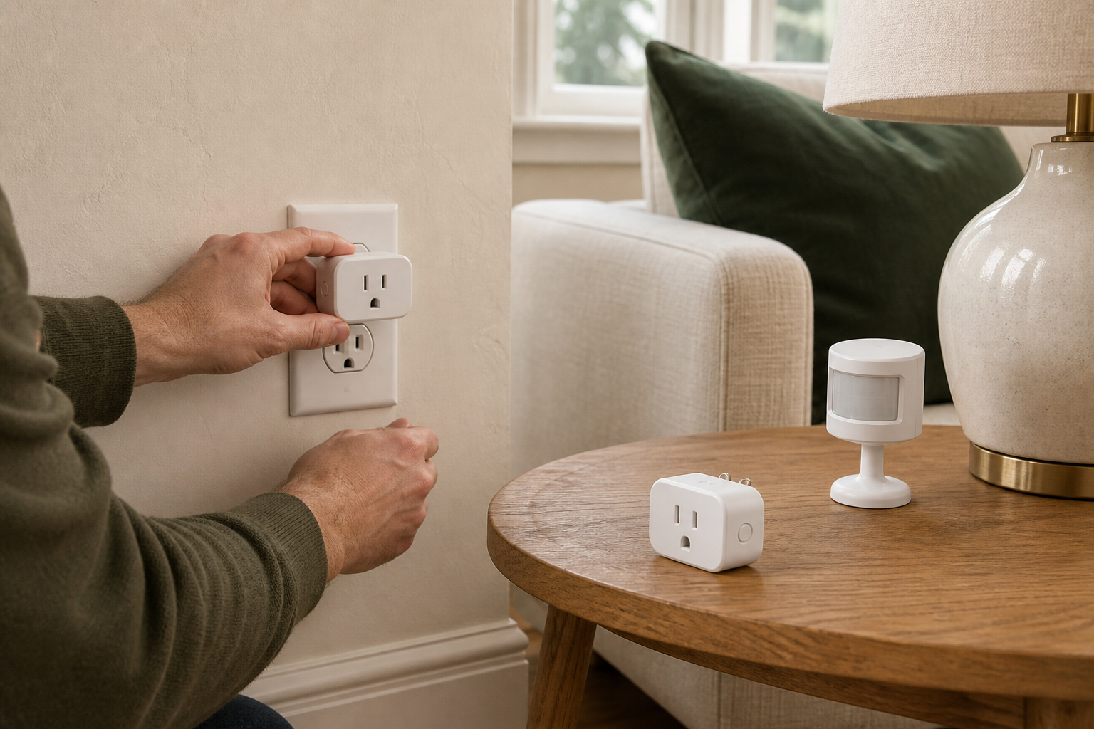 Homeowner swapping an unbranded smart plug while a replacement plug and motion sensor wait on an oak table