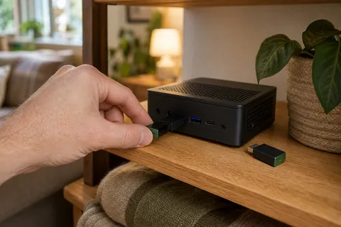 Hand replacing a USB Thread radio adapter beside a compact home automation computer