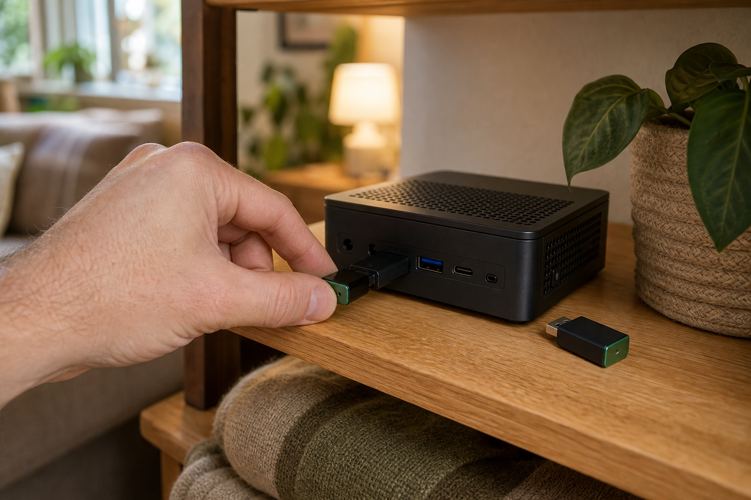 Hand replacing a USB Thread radio adapter beside a compact home automation computer