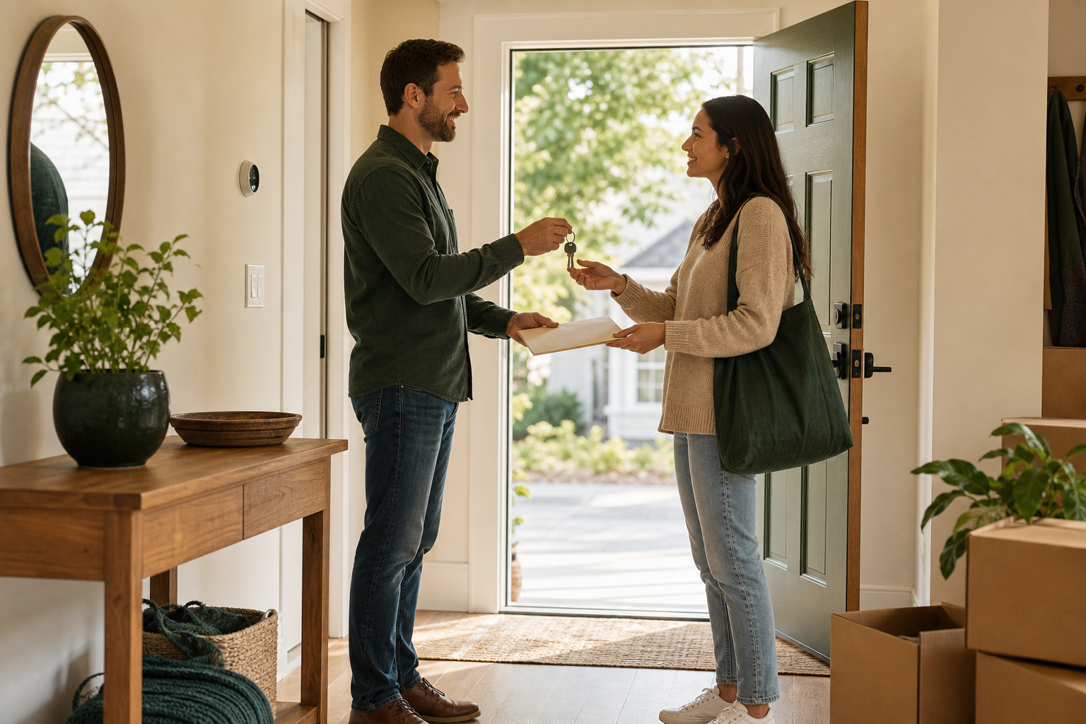 Home seller handing keys and a home-information folder to a buyer in a warm entryway with moving boxes