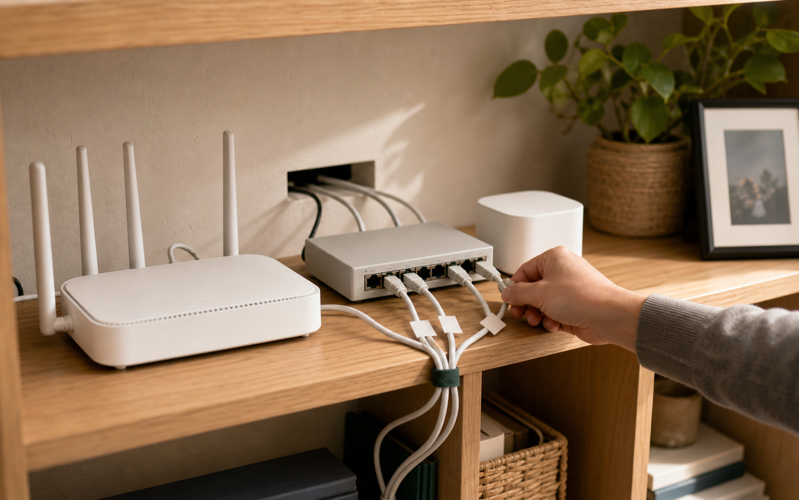 A homeowner organizing labeled Ethernet cables beside an unbranded router, network switch, and smart-home hub on a warm oak shelf