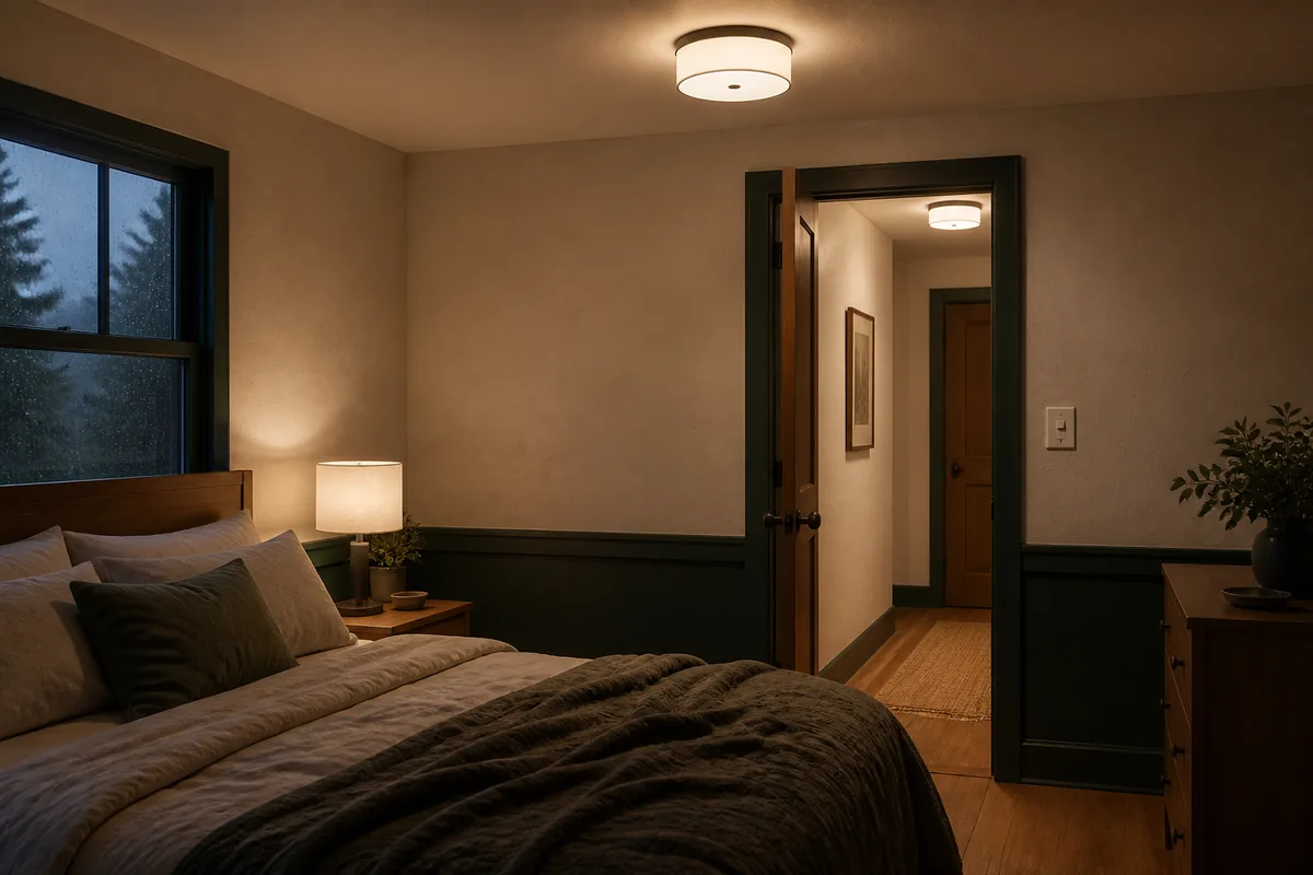 A rain-dark bedroom unexpectedly lit by a bedside lamp and hallway lights after power returns
