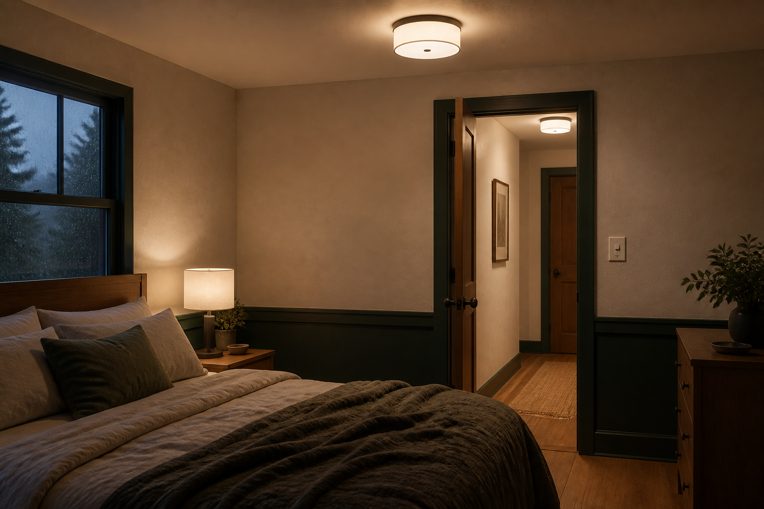 A rain-dark bedroom unexpectedly lit by a bedside lamp and hallway lights after power returns