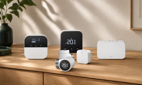Official tado X thermostat, radiator valve, bridge, sensor, and receiver family on a warm oak sideboard