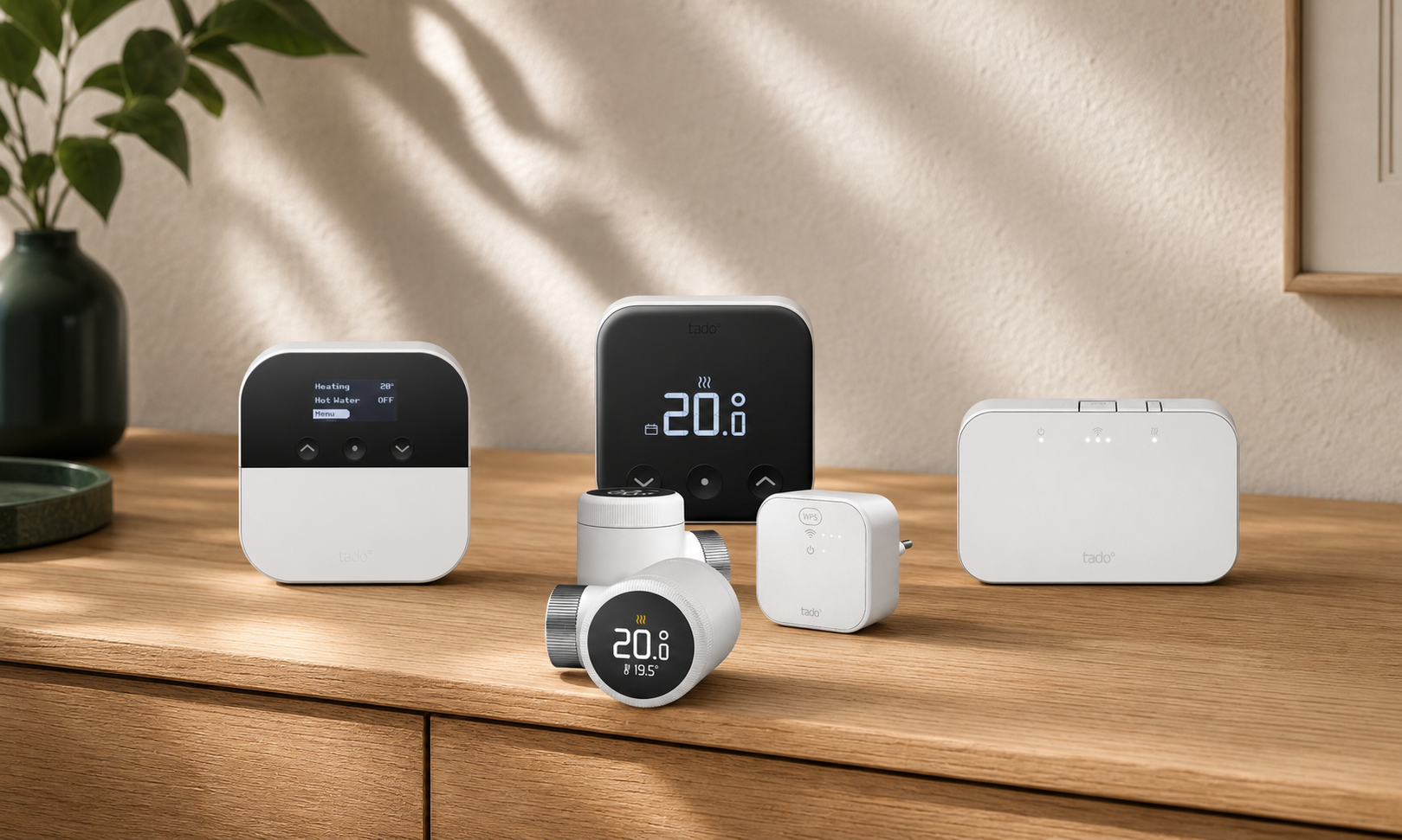 Official tado X thermostat, radiator valve, bridge, sensor, and receiver family on a warm oak sideboard