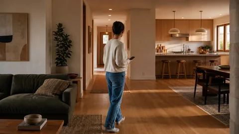 A homeowner walking through one warm connected living room, hallway, and kitchen