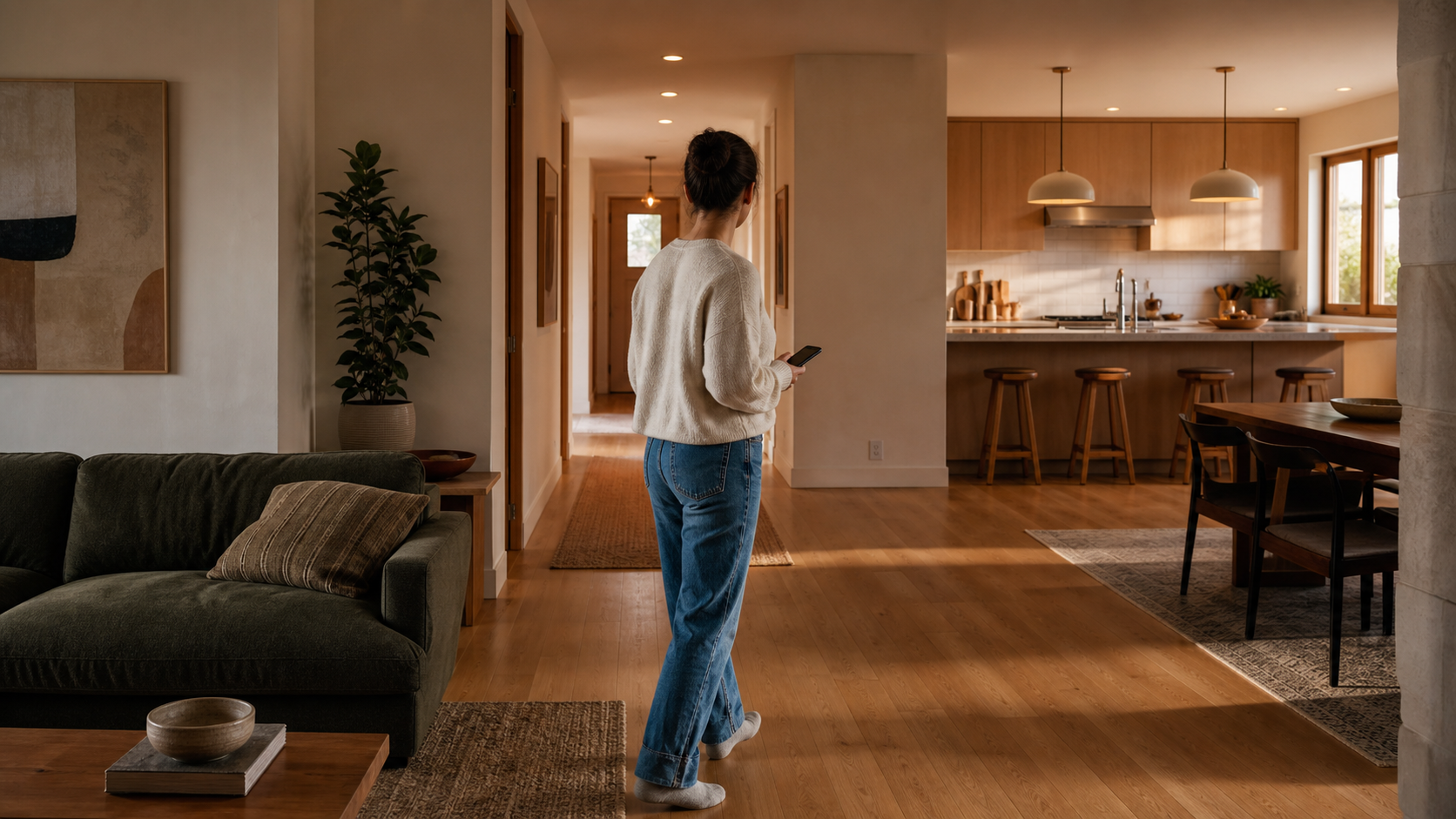 A homeowner walking through one warm connected living room, hallway, and kitchen