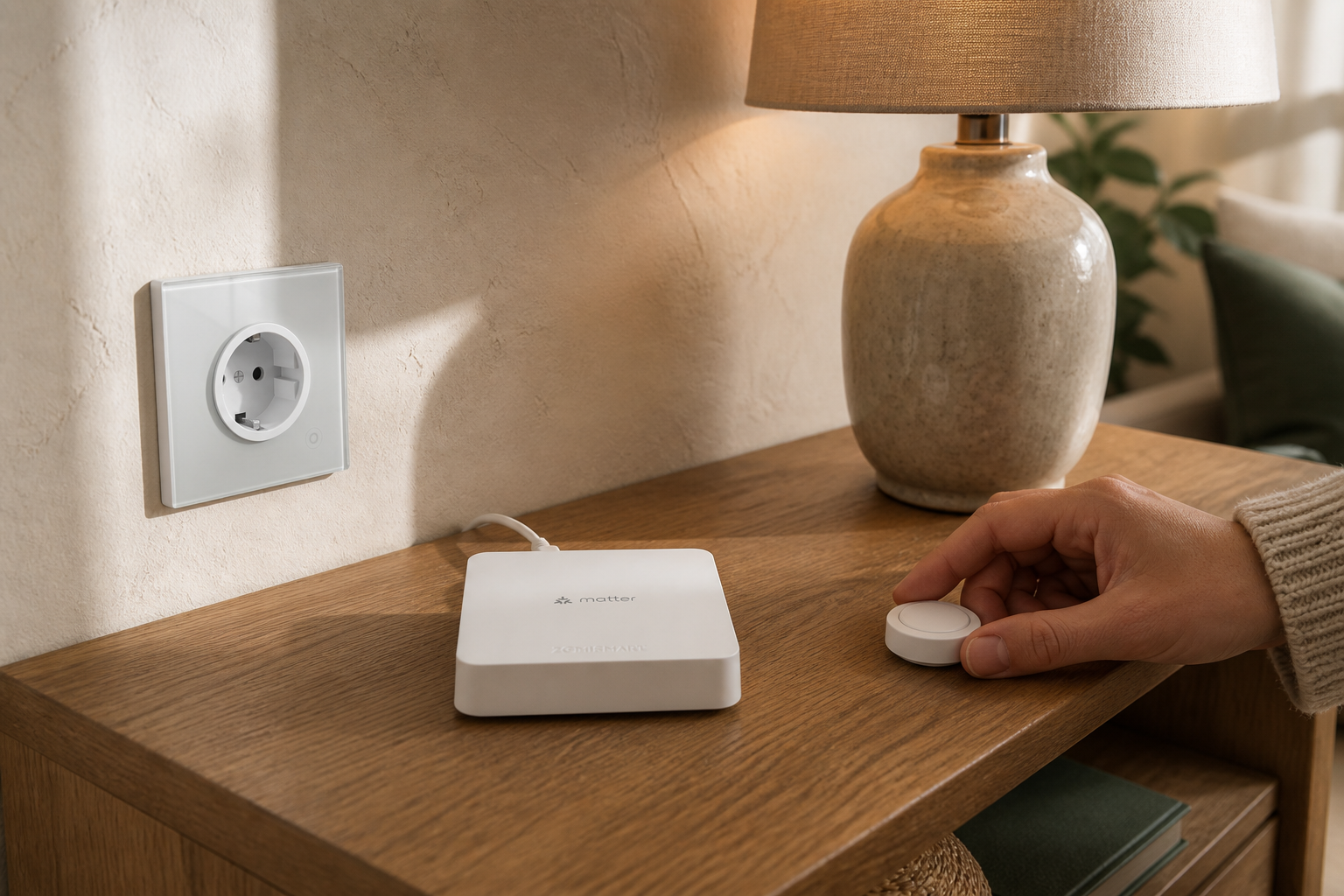 A MOES Zigbee wall socket and Zemismart M1 Matter bridge in a warm home reading nook