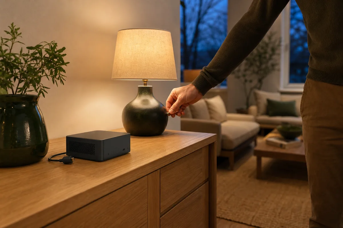 A powered-down local home server beside a person using the physical switch on a glowing lamp