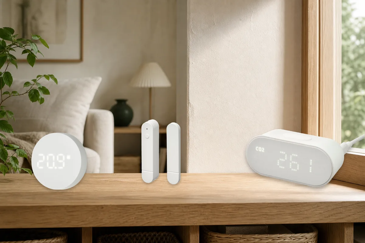 Real IKEA TIMMERFLOTTE, MYGGBETT, and ALPSTUGA Matter-over-Thread sensors on a warm oak shelf