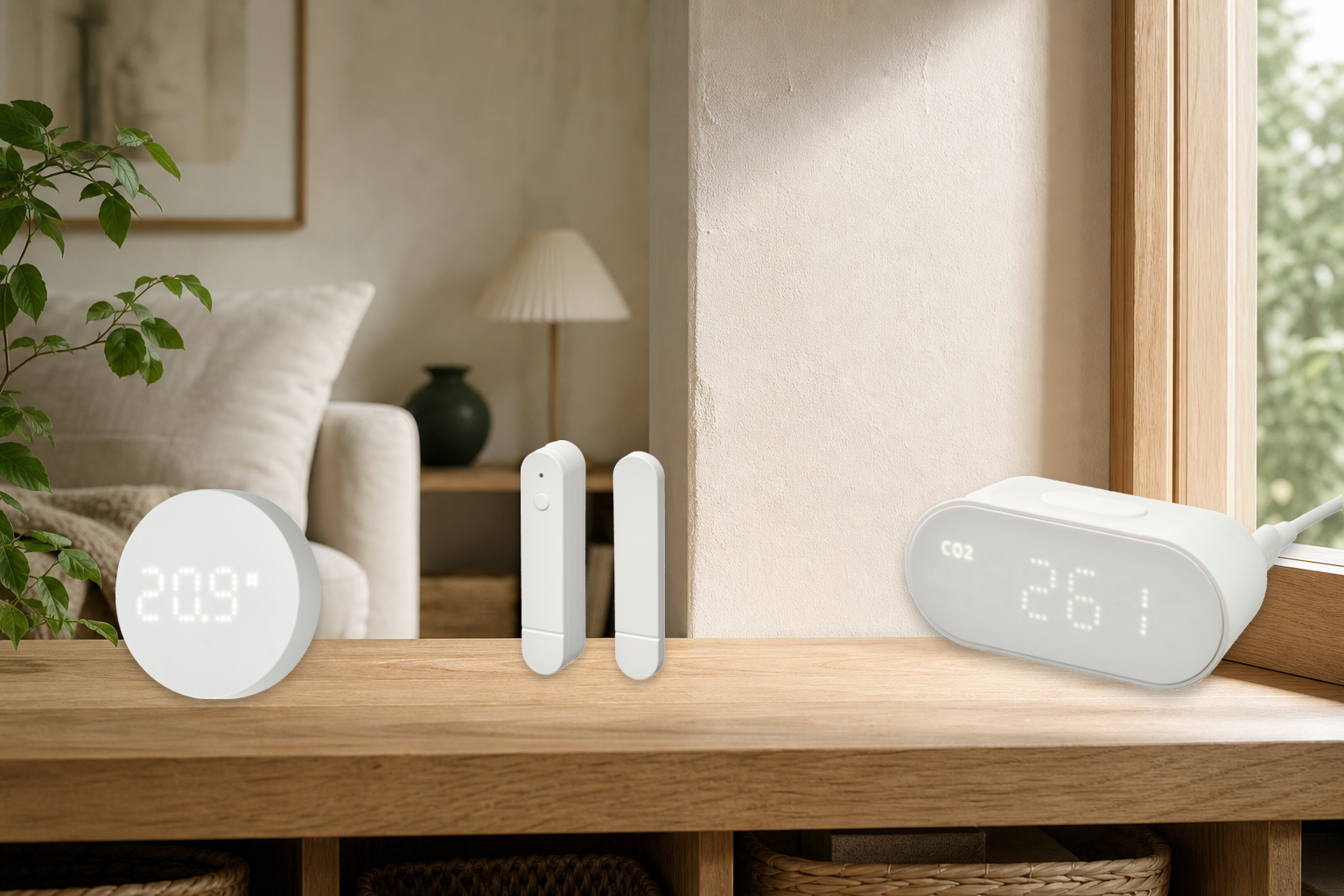 Real IKEA TIMMERFLOTTE, MYGGBETT, and ALPSTUGA Matter-over-Thread sensors on a warm oak shelf