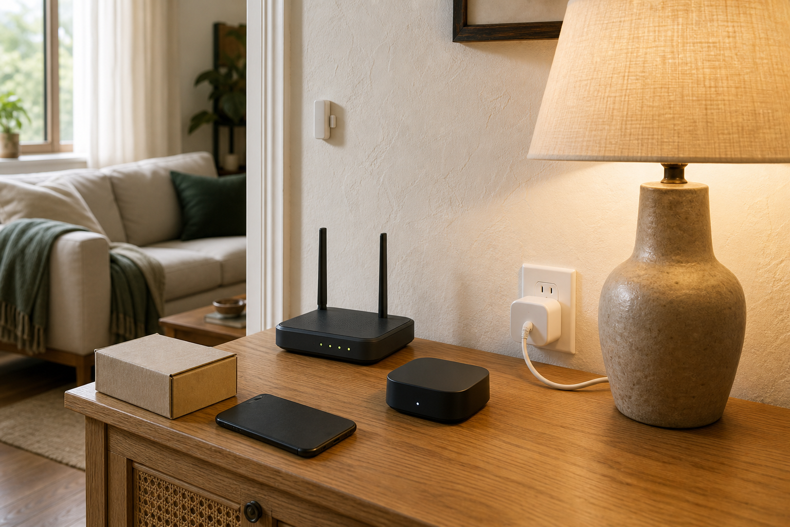 Local smart-home hub, router, plug, and lamp continuing to work beside a closed product box