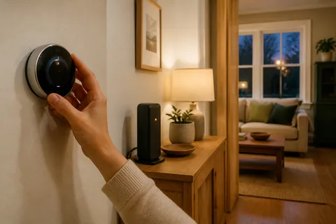 Homeowner adjusting a powered wall thermostat beside a router with an amber status light