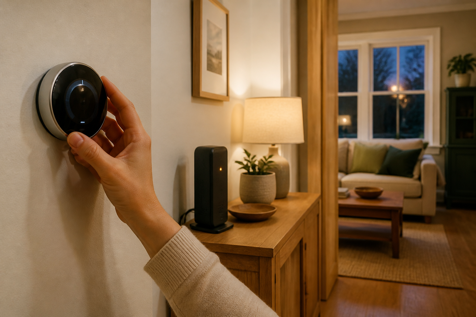 Homeowner adjusting a powered wall thermostat beside a router with an amber status light