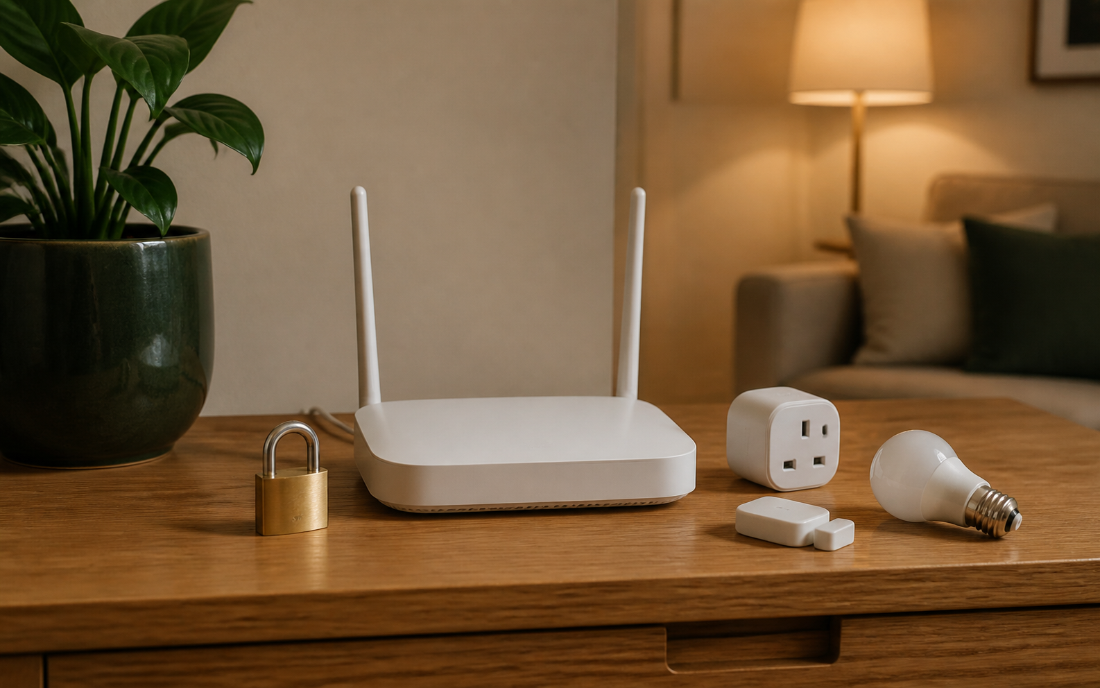 An unbranded home router beside a closed brass padlock, smart plug, door sensor, and bulb on an oak console
