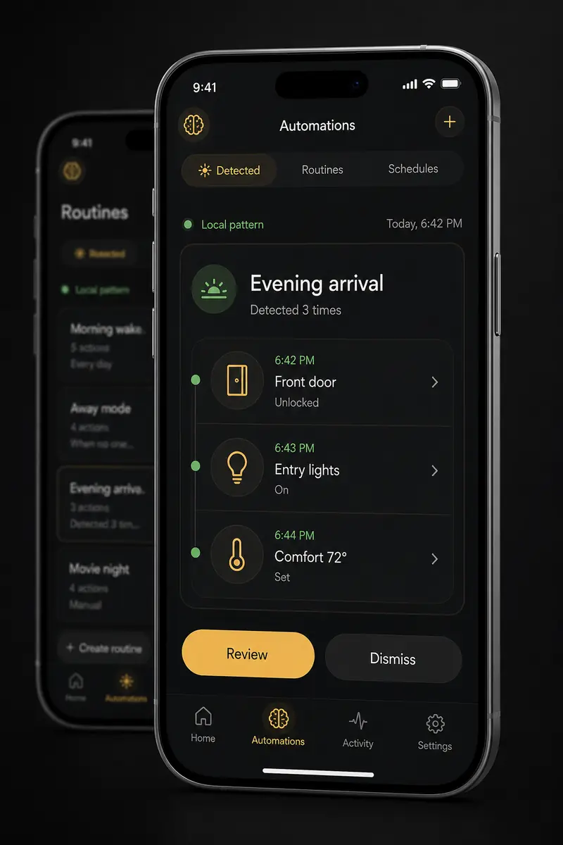 Tara local habit detection app showing an evening arrival routine ready for review